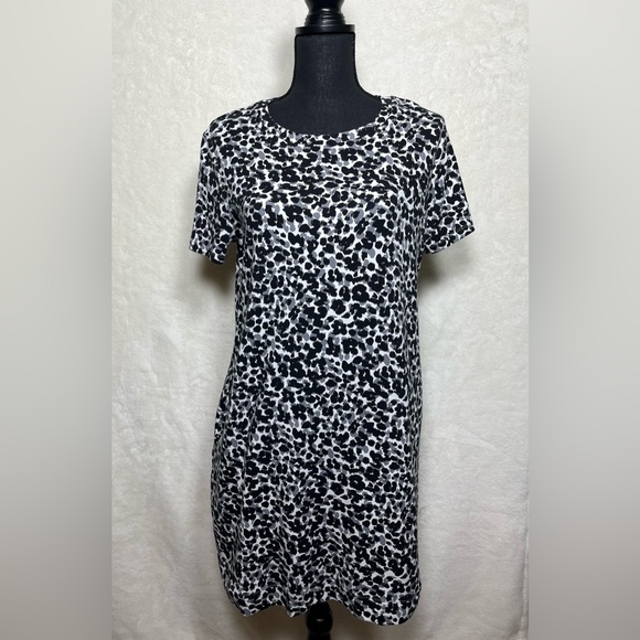 Ellen Tracy Black Grey Leopard Print A-Line Knit Mini Pullover Dress Size L - Picture 1 of 10